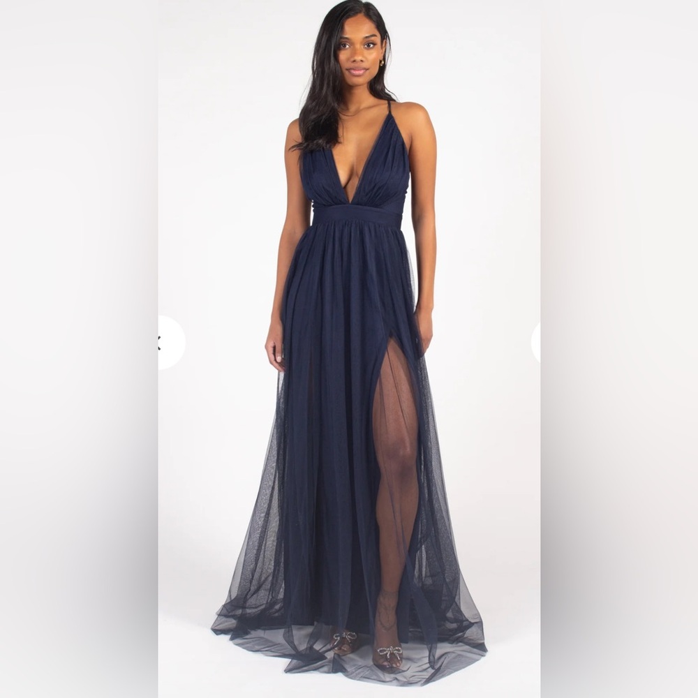Luxxel Sandy Tulle blue V Neck spaghetti strap Maxi Dress size S